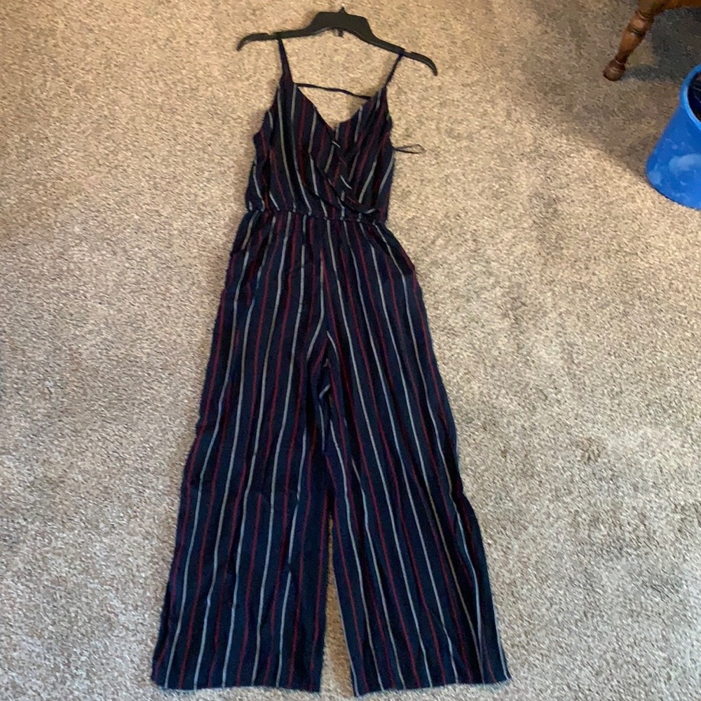 Spaghetti strap navy blue jumper with red and white strips